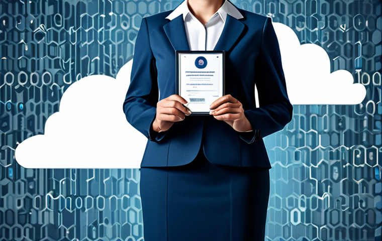 **

"A professional wearing modest clothing, showcasing an information security certificate, standing confidently in front of a stylized digital background with cloud icons. Safe for work, appropriate content, fully clothed, professional. Perfect anatomy, correct proportions, well-formed hands, proper finger count, natural body proportions, high quality."

**
